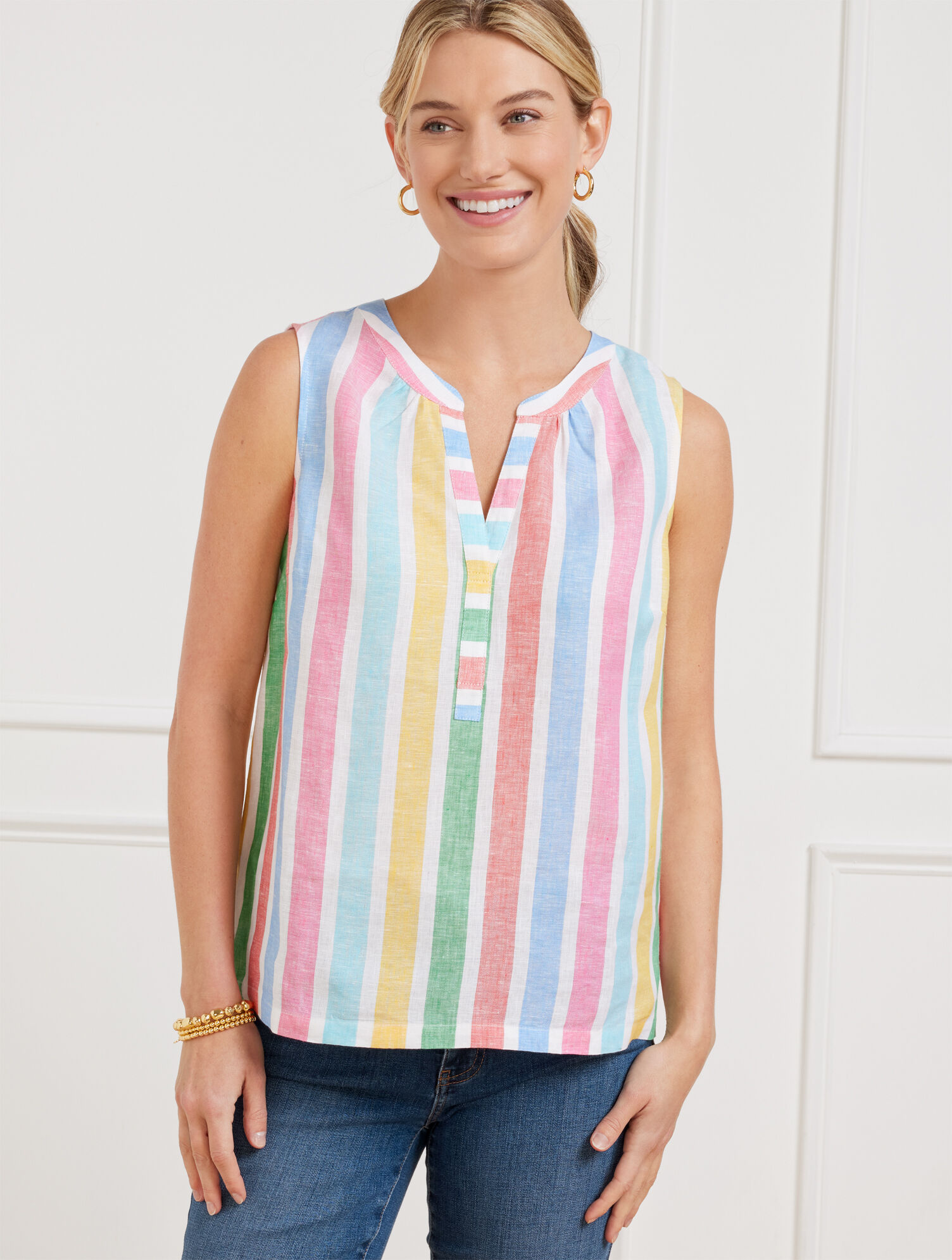 Linen Band Collar Shell - Prismatic Stripe