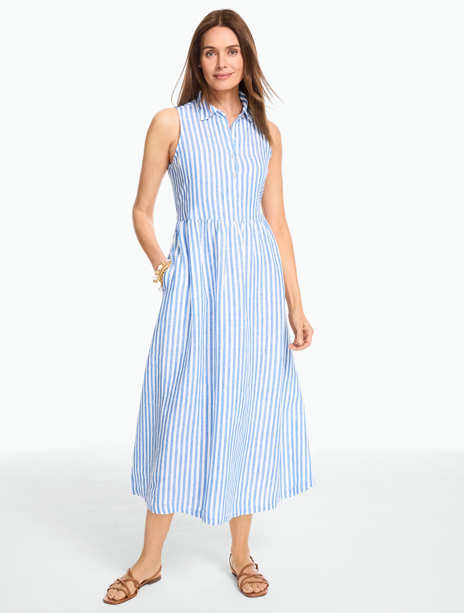 Linen Sleeveless Shirtdress - Sailboat Stripe