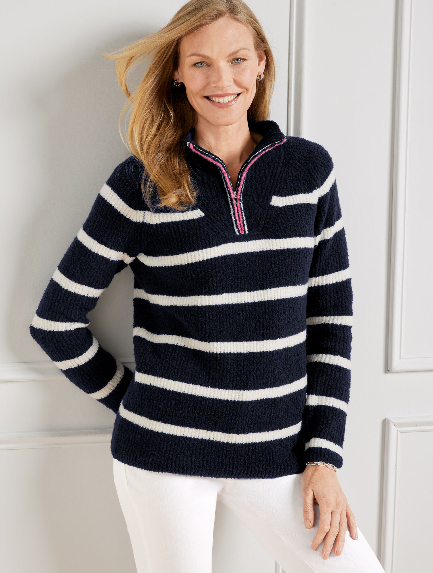 Bouclé Half-Zip Pullover - Breton Stripe | Talbots