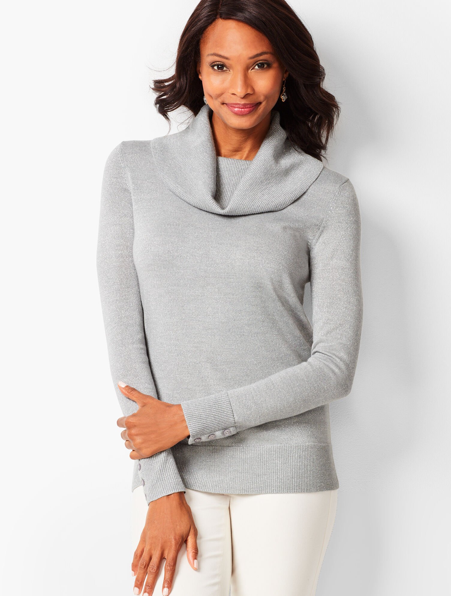 Merino Button-Cuff Cowlneck Sweater - Shimmer