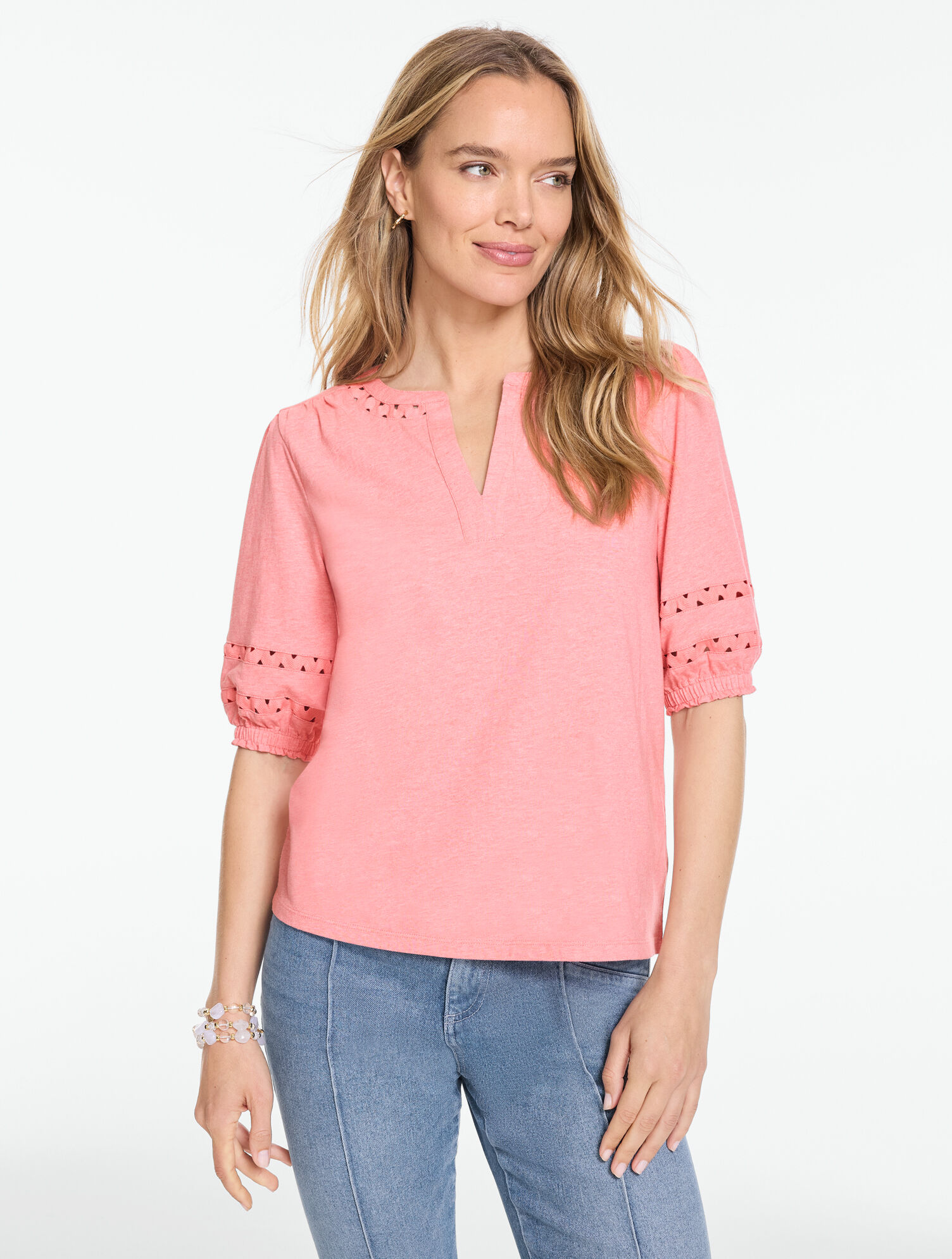 Zig Zag Stitch Elbow Sleeve Top