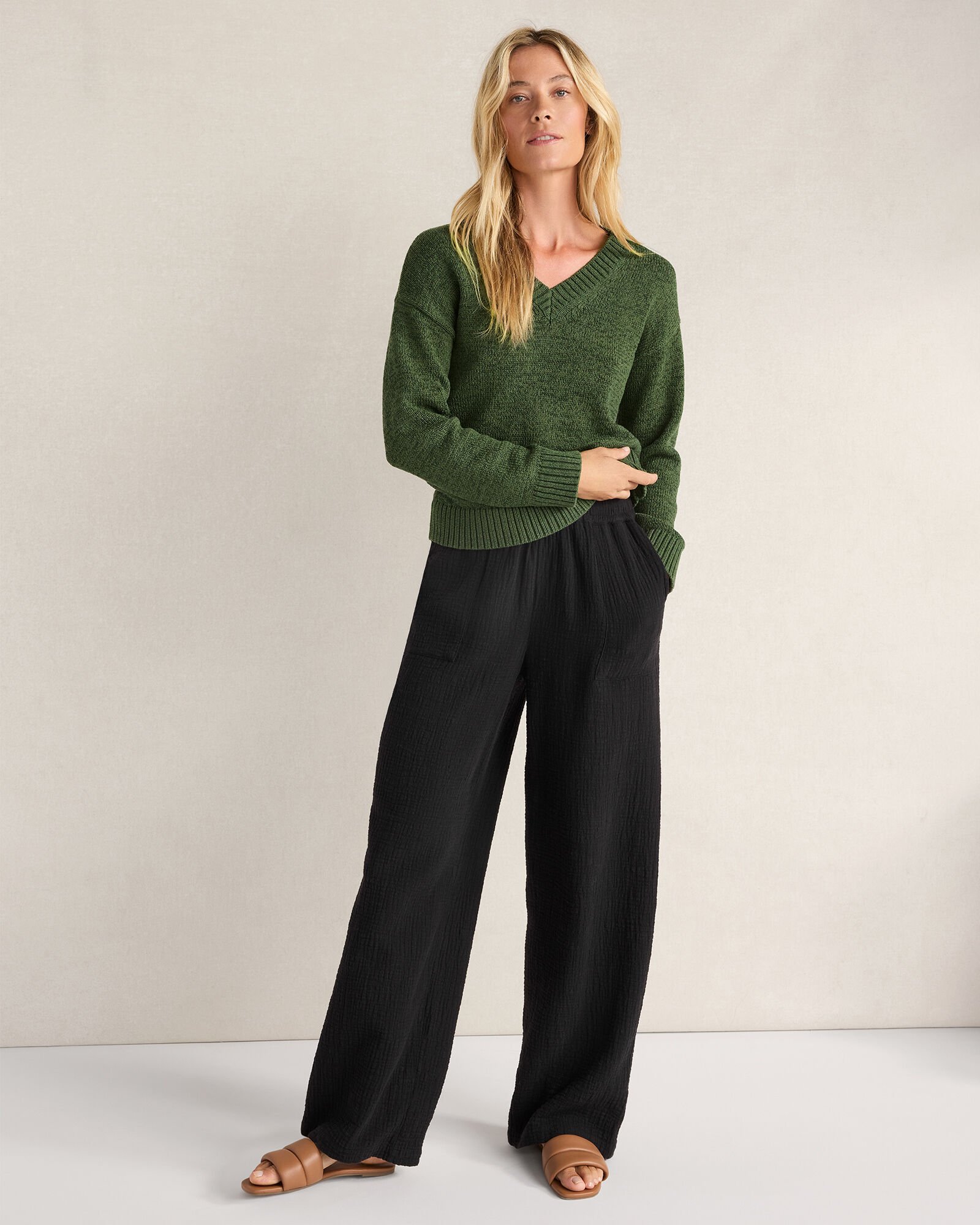 Cotton Blend Tape Yarn V-Neck Sweater