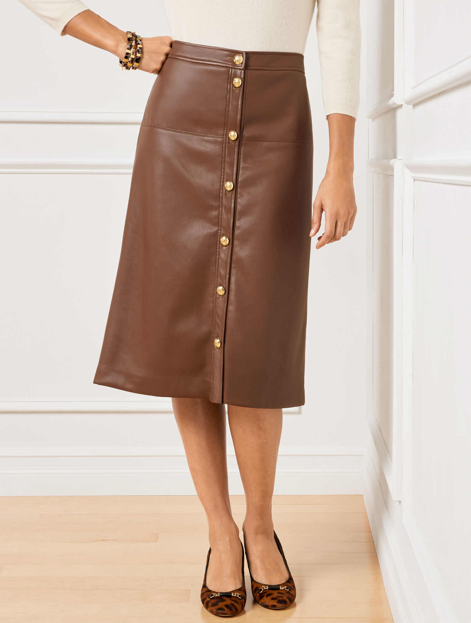 Faux Leather Tan Skirt With Buttons Faux Leather Skirt Talbots