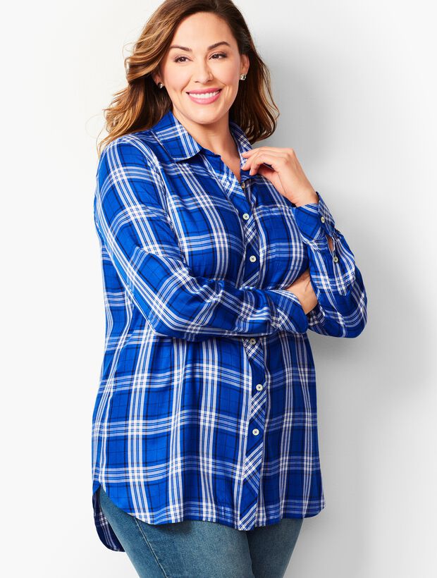 Longer-Length Button-Front Shirt - Blue Plaid