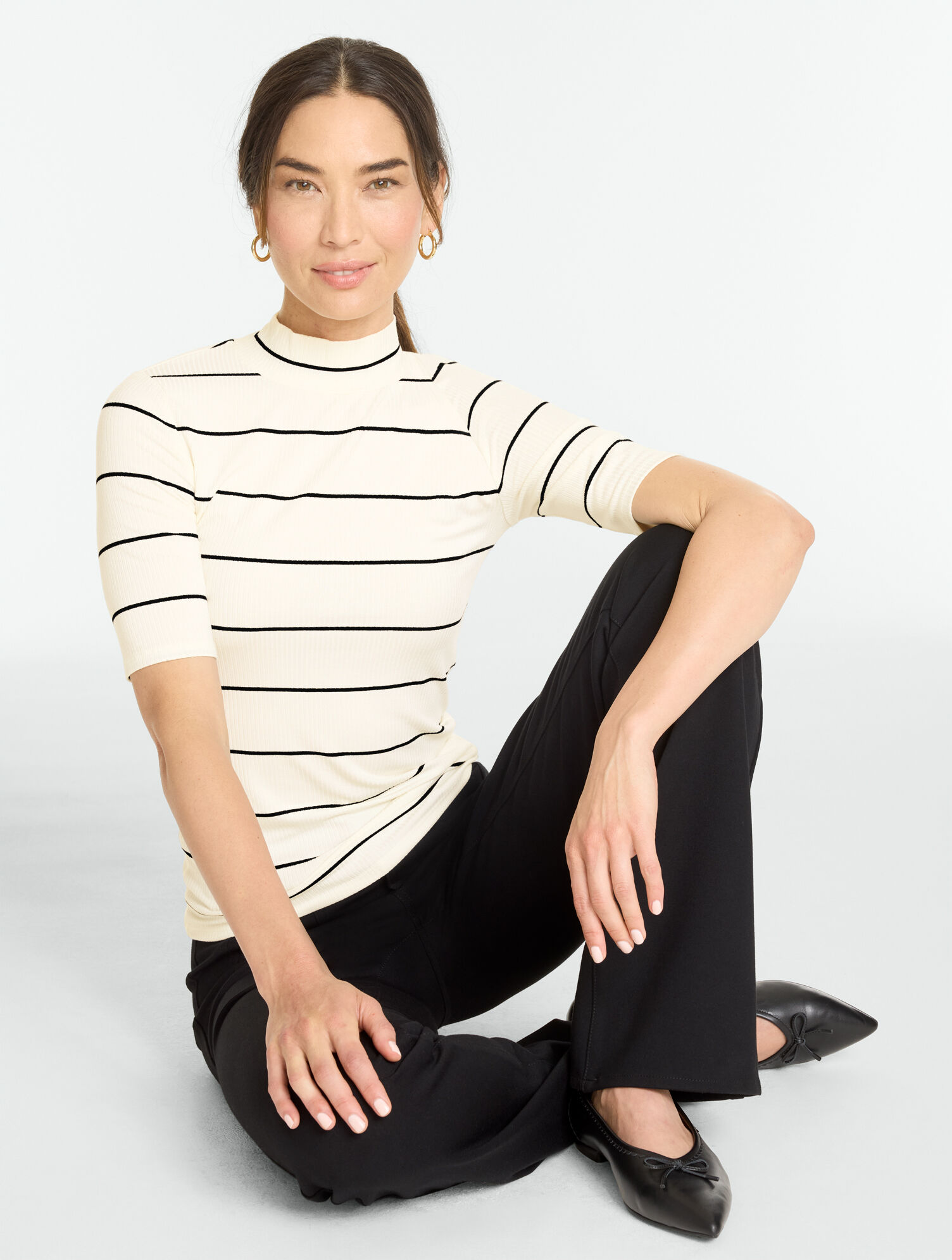 Ribbed Elbow Sleeve Mockneck Top - Linda Stripe