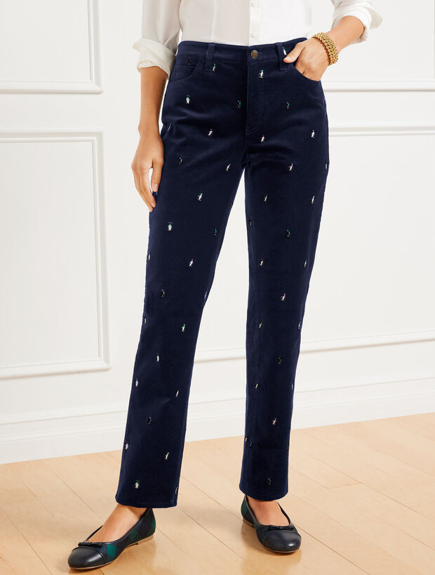 Velveteen Straight Leg Pants - Embroidered Penguins