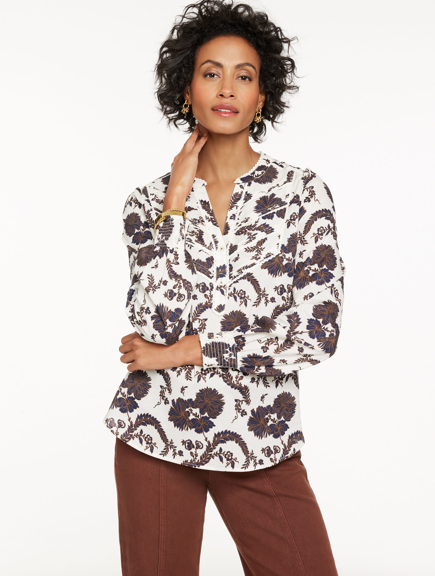 Lace Trim Pintuck Top - Climbing Chrysanthemums | Talbots
