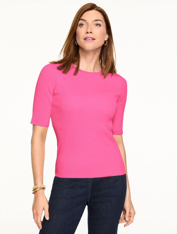 Elbow Sleeve Ribbed Crewneck Sweater