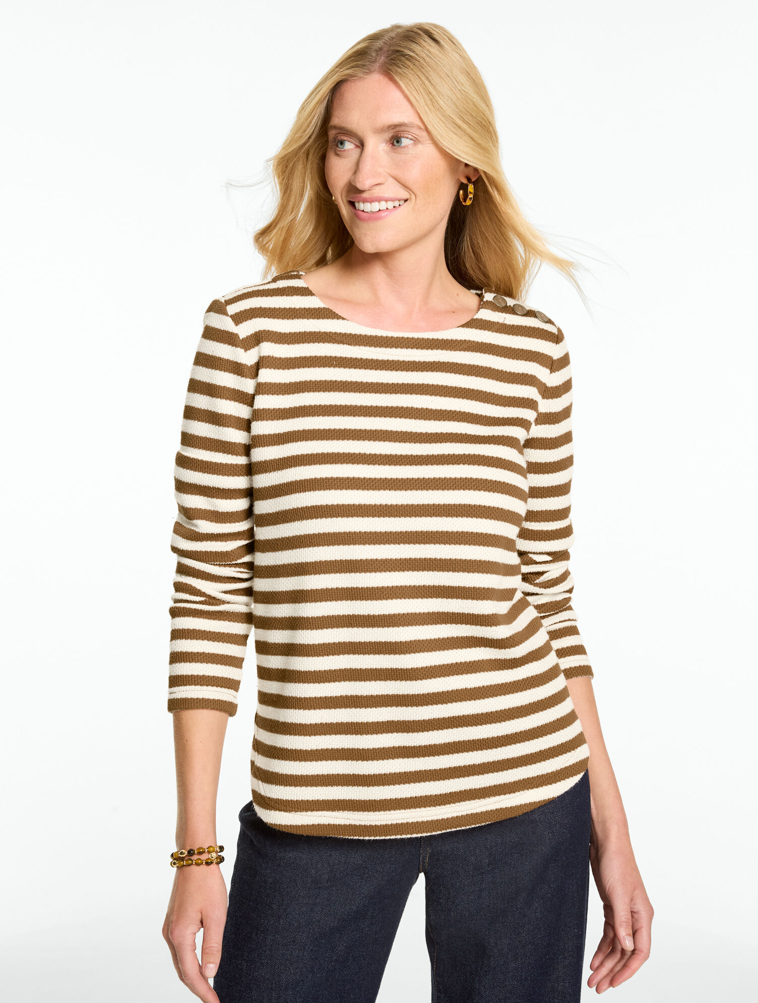 Button Shoulder Crewneck Tee - Stripe