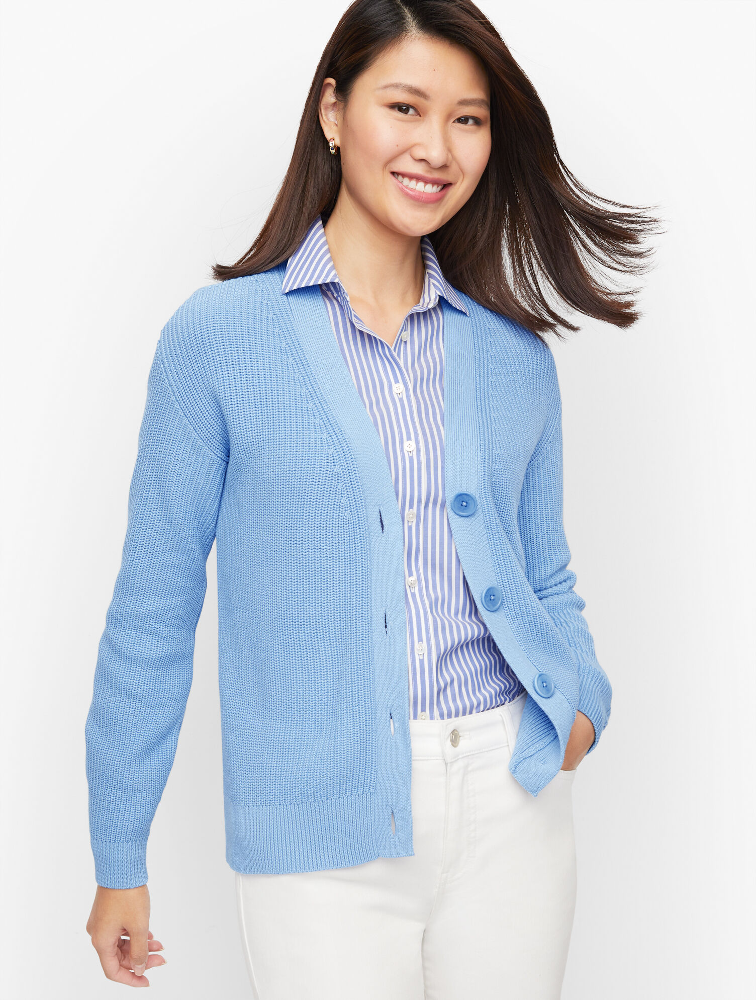 Pima Shaker Stitch Bishop Sleeve Cardigan