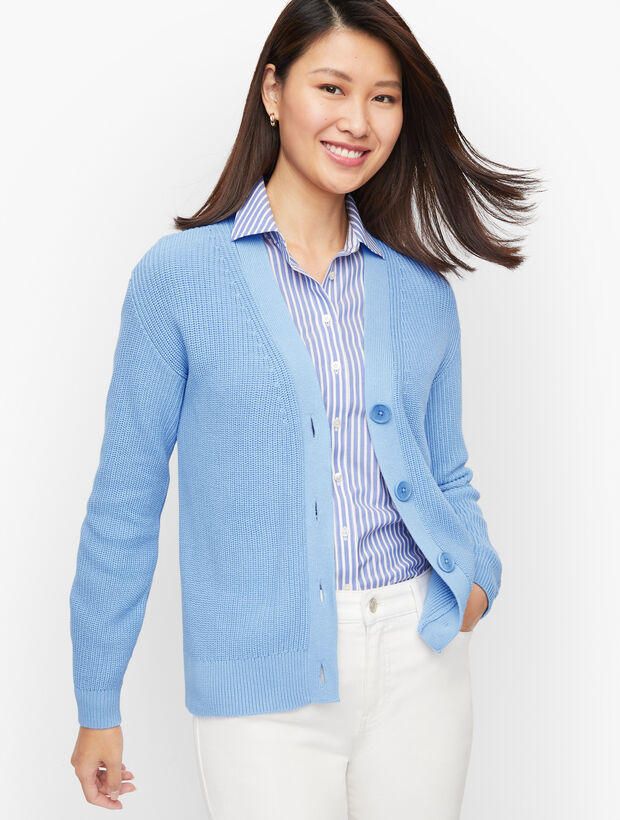 Pima Shaker Stitch Bishop Sleeve Cardigan