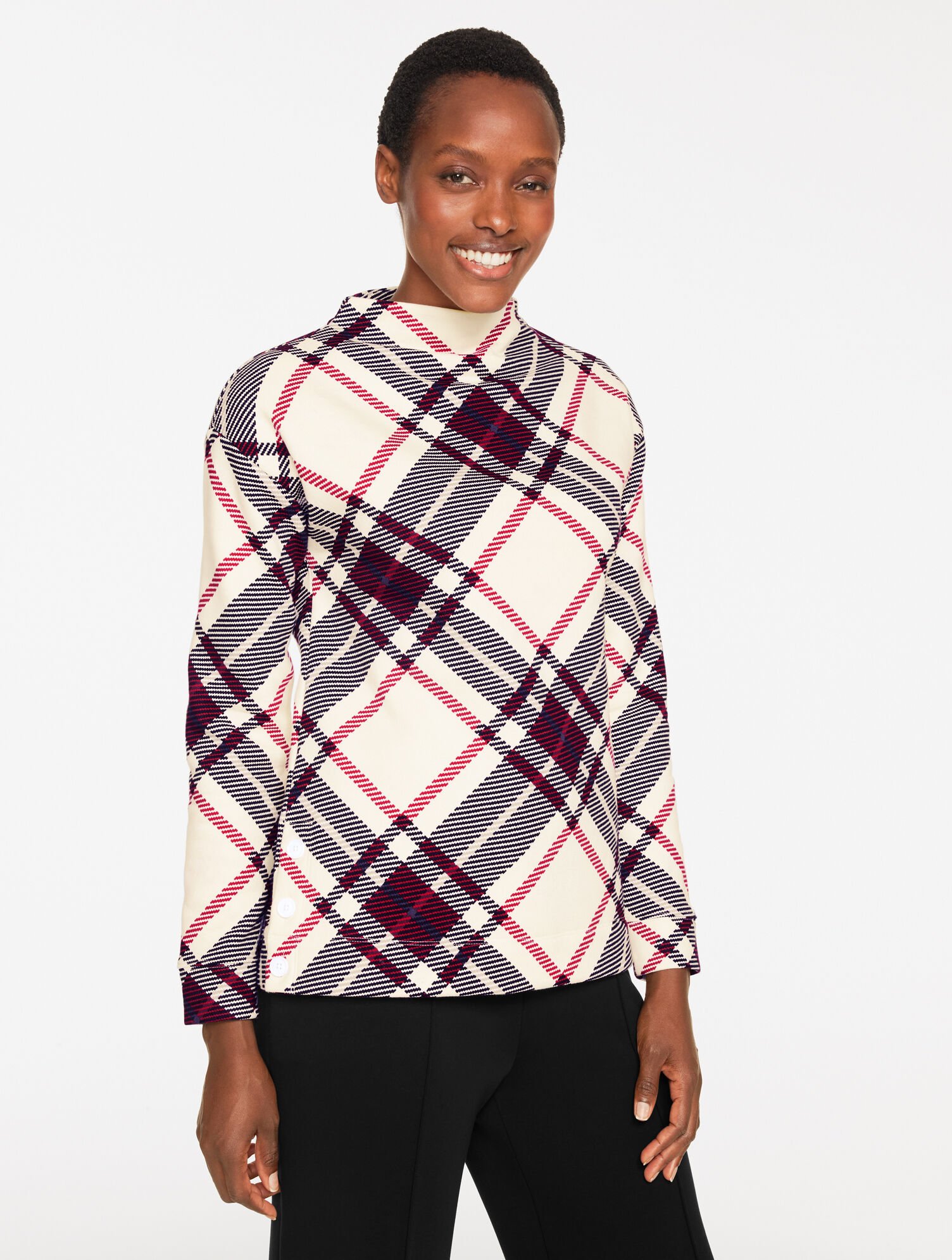 Classic French Terry Mockneck Pullover - Chilly Plaid