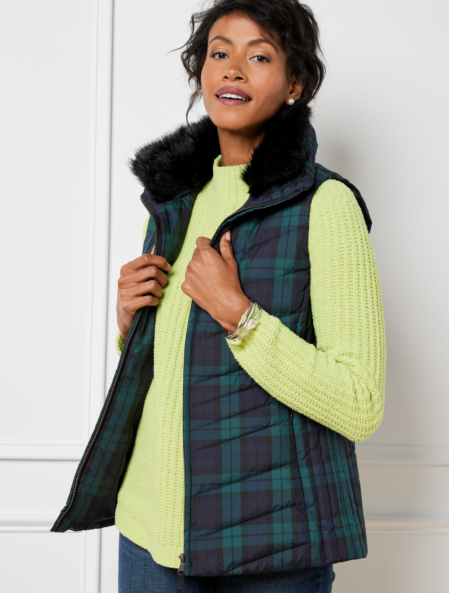 Faux Fur Collar Down Puffer Vest Black Watch Tartan Talbots