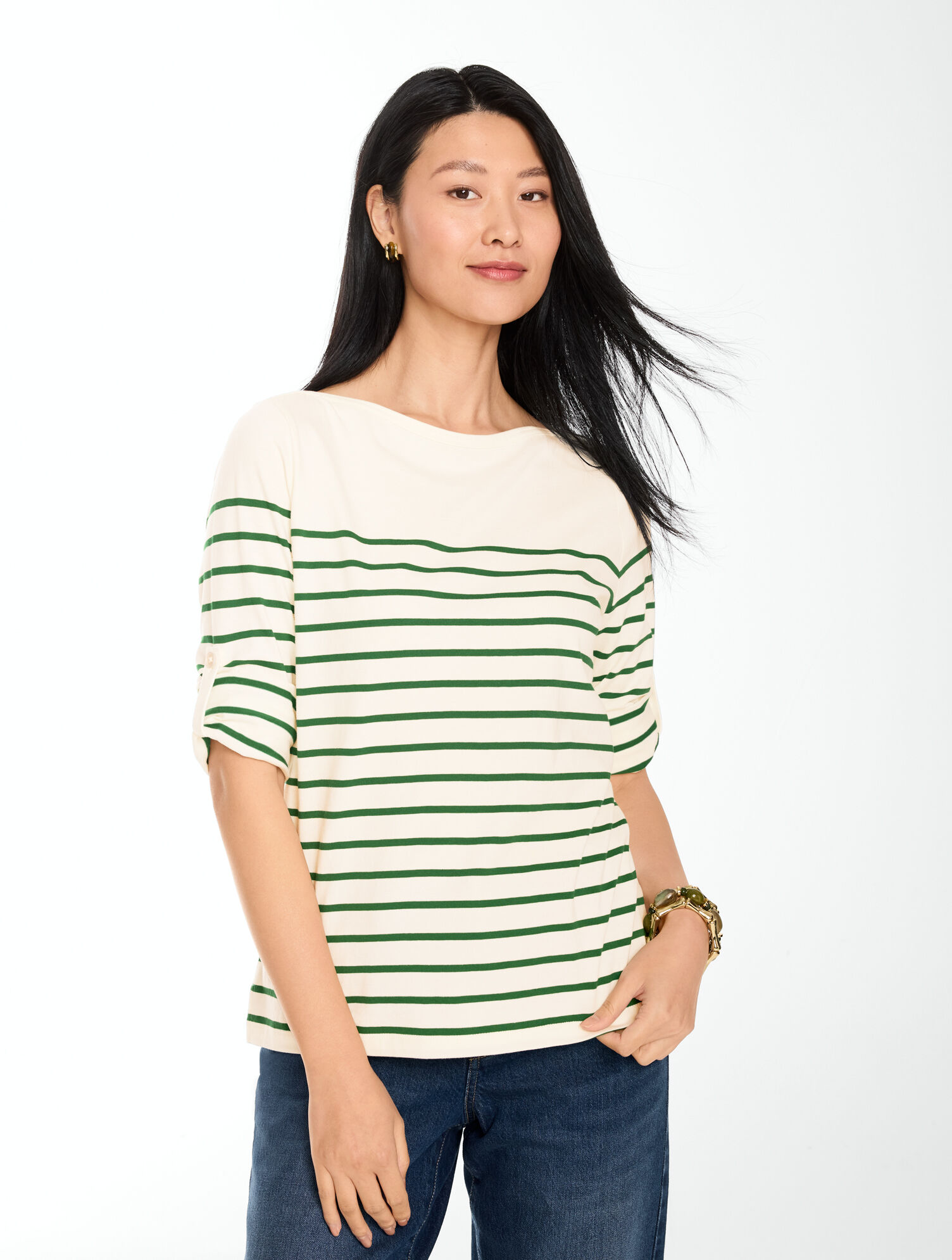 Roll Cuff Bateau Neck Top - Love Stripe