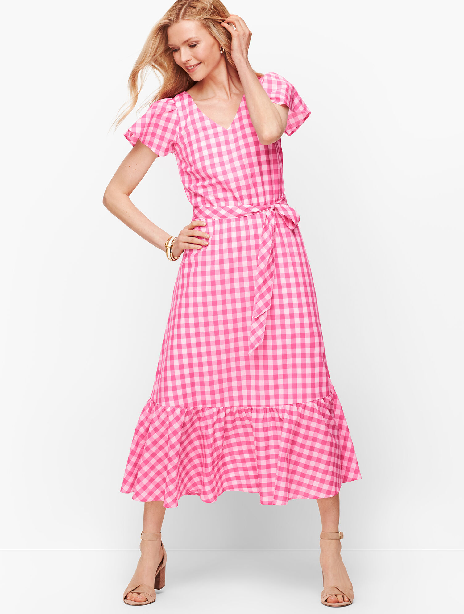 knee length dresses for ladies Yellow Gingham Print Sweetheart Tie Back Tiered Maxi Dress main image 1
