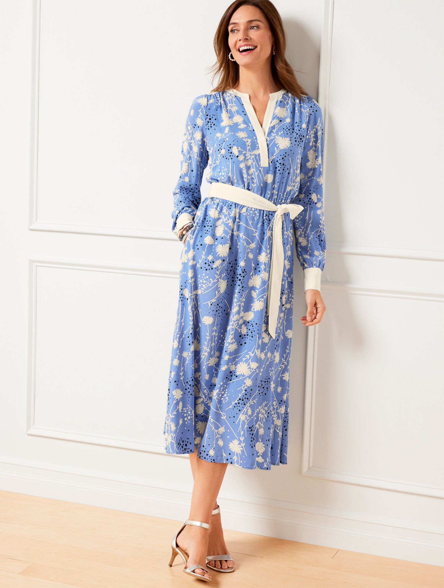 slim fit dress slacks Cotton Stripe Print Fit and Flare Shirt Dress with Reversible Sash in Navy/White S main image 0