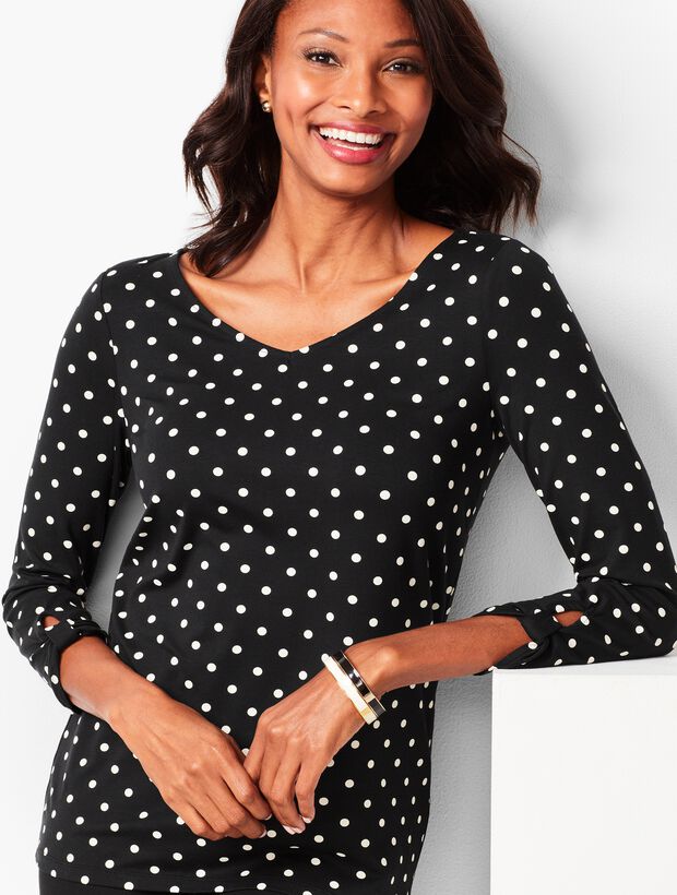 Knot-Sleeve V-Neck Top - Festive Dot