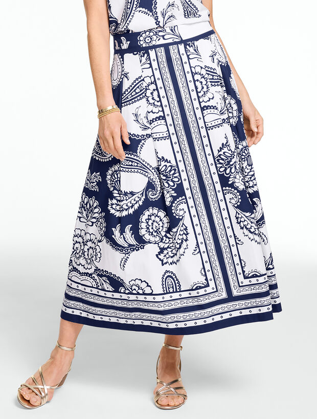 Poplin Pleated Midi Skirt - Twirling Paisley
