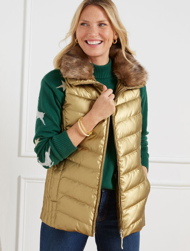 VERY J Shiny Metallic Zip Up Puffer Vest