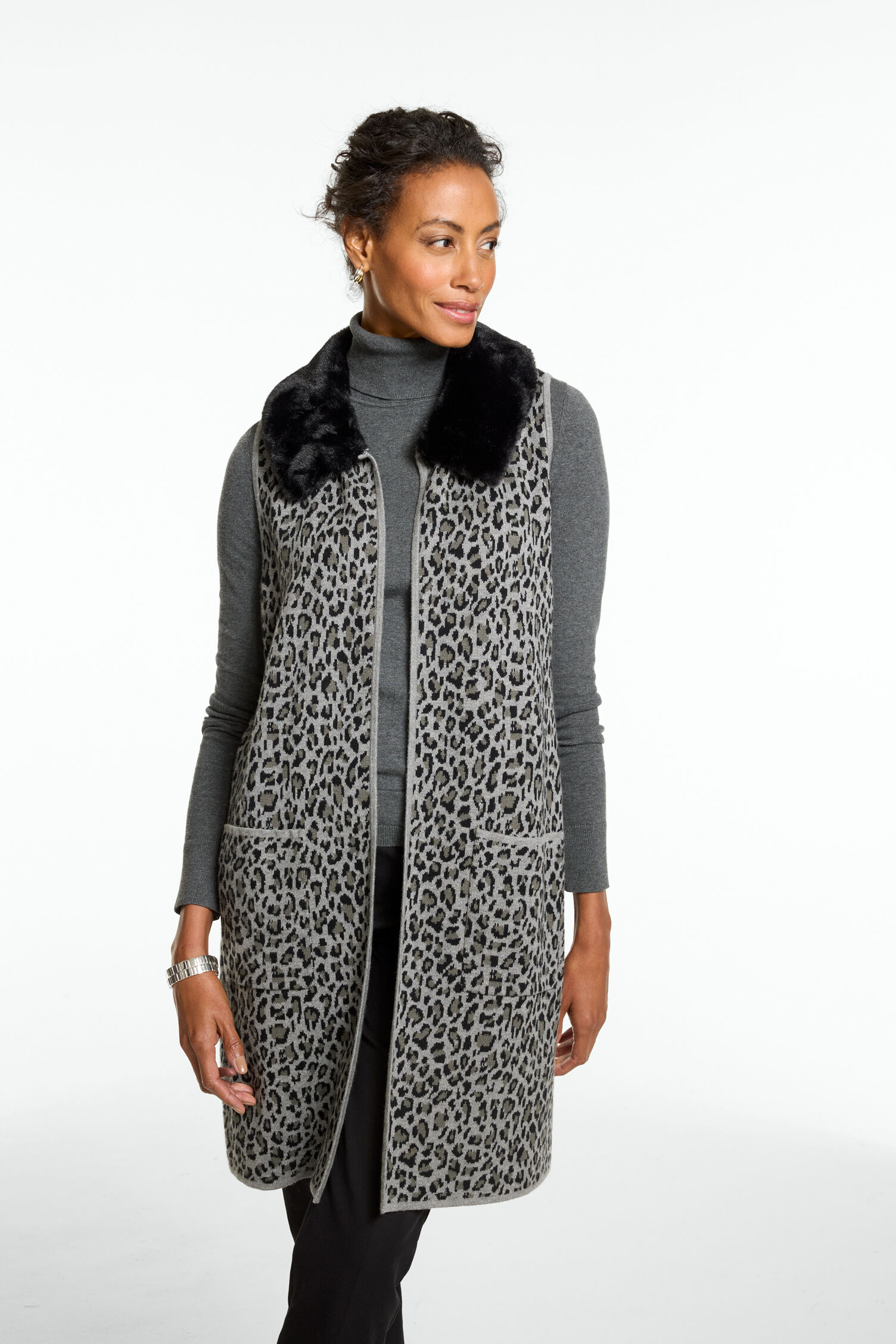 Leopard Knit Faux Fur Vest