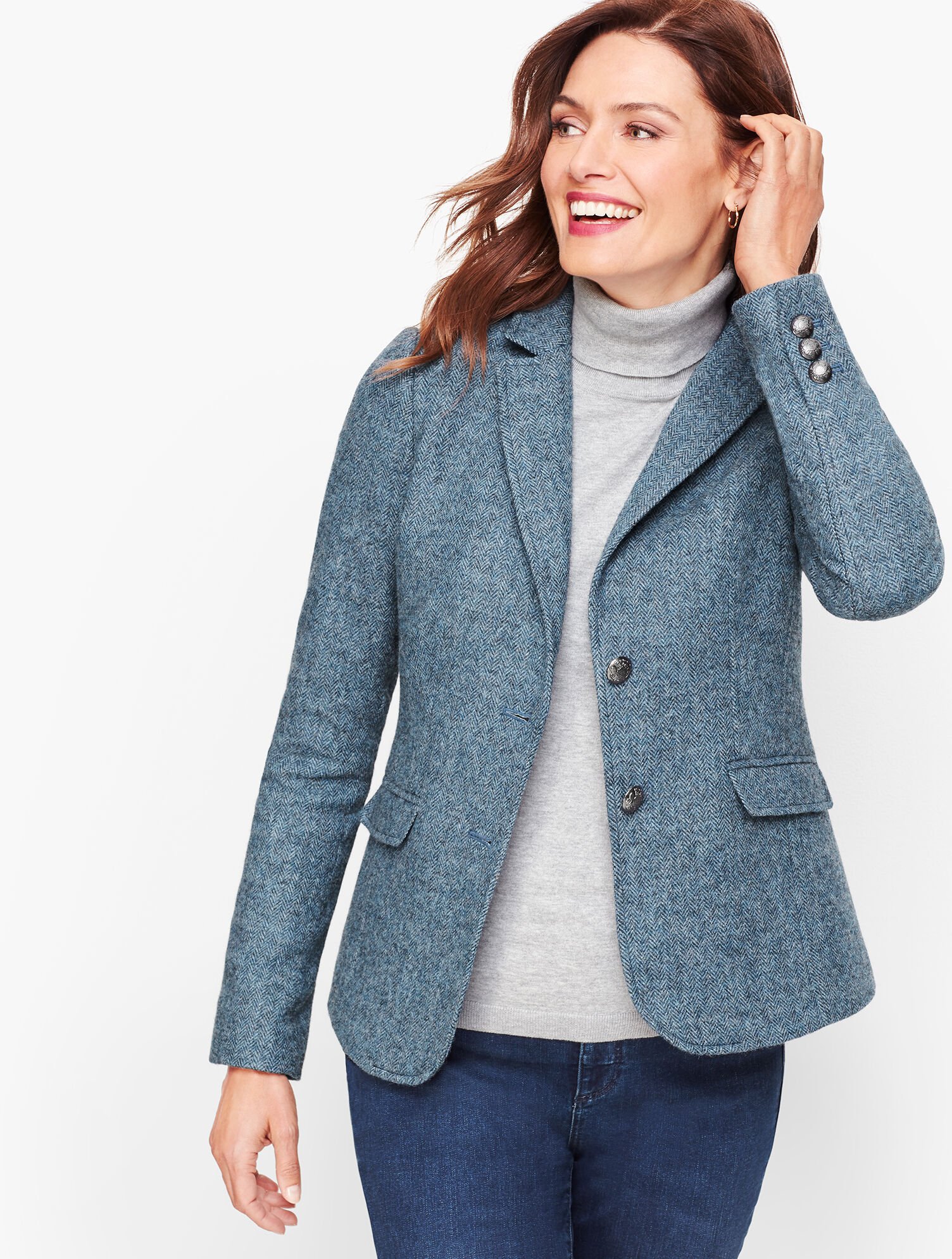 Talbots Wool Blend Blazer Jacket Womens Size 2P 2 Petite Pockets Knit Gray