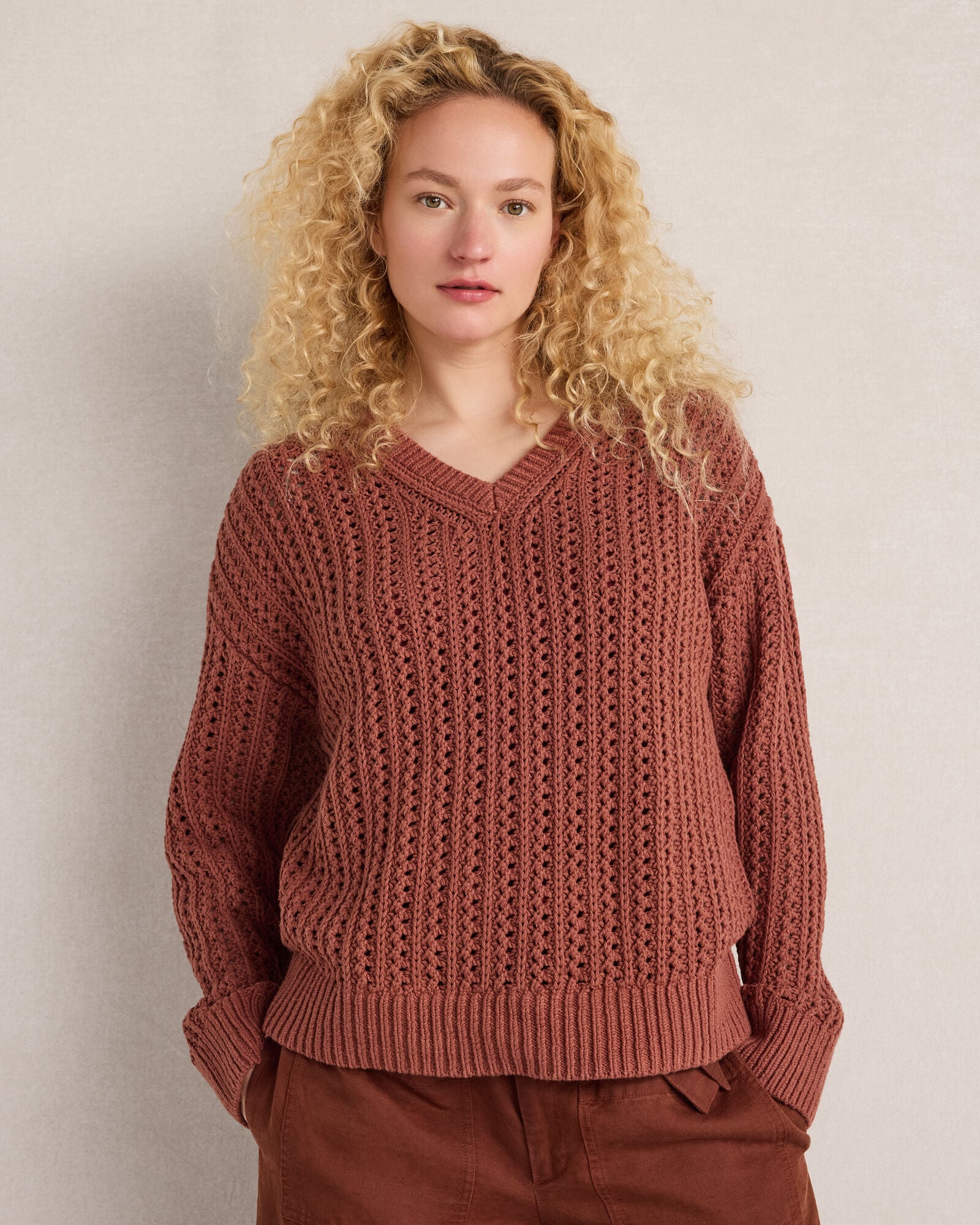 Textured Cotton Blend V-Neck Sweater