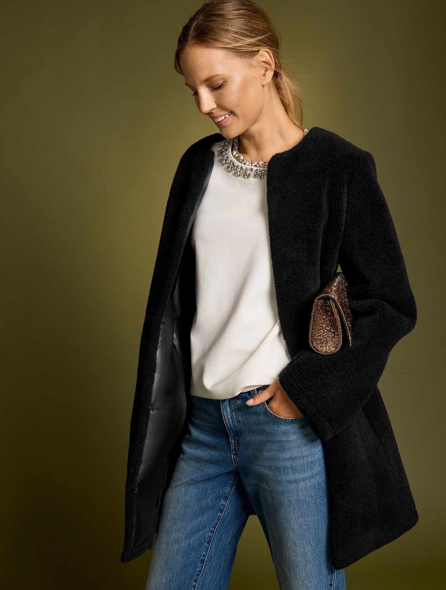 Faux Shearling Collarless Jacket