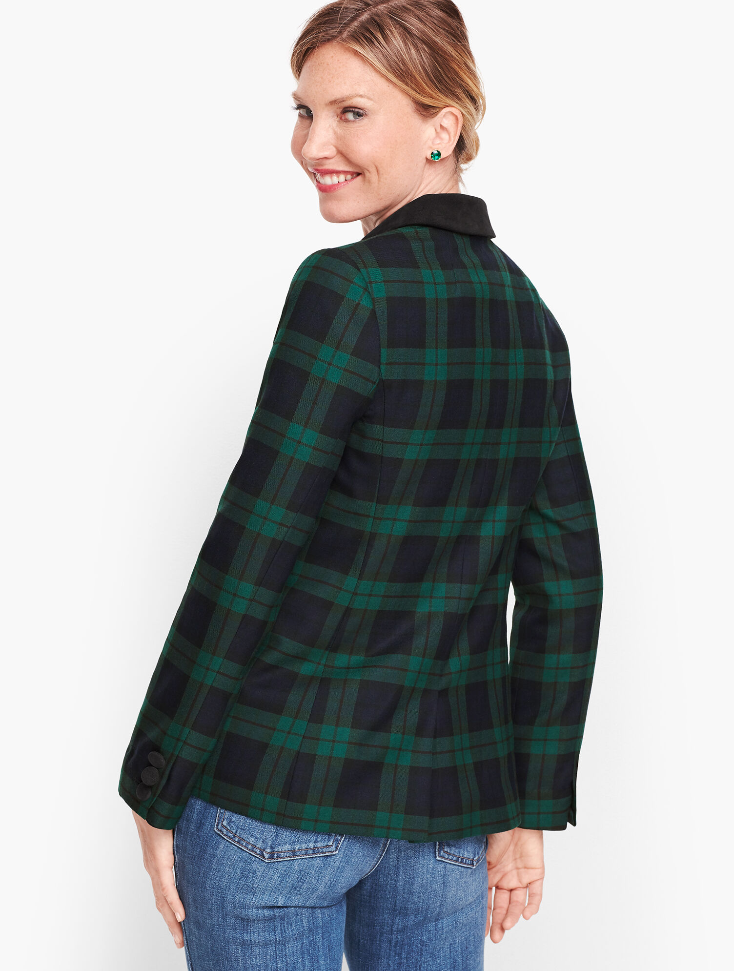 Velvet Trim Black Watch Plaid Blazer Talbots