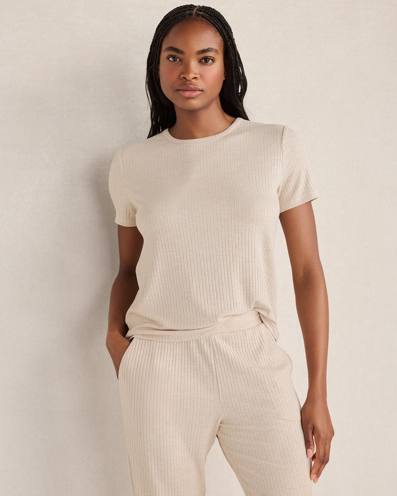 Drapey Rib Knit Short Sleeve Crewneck