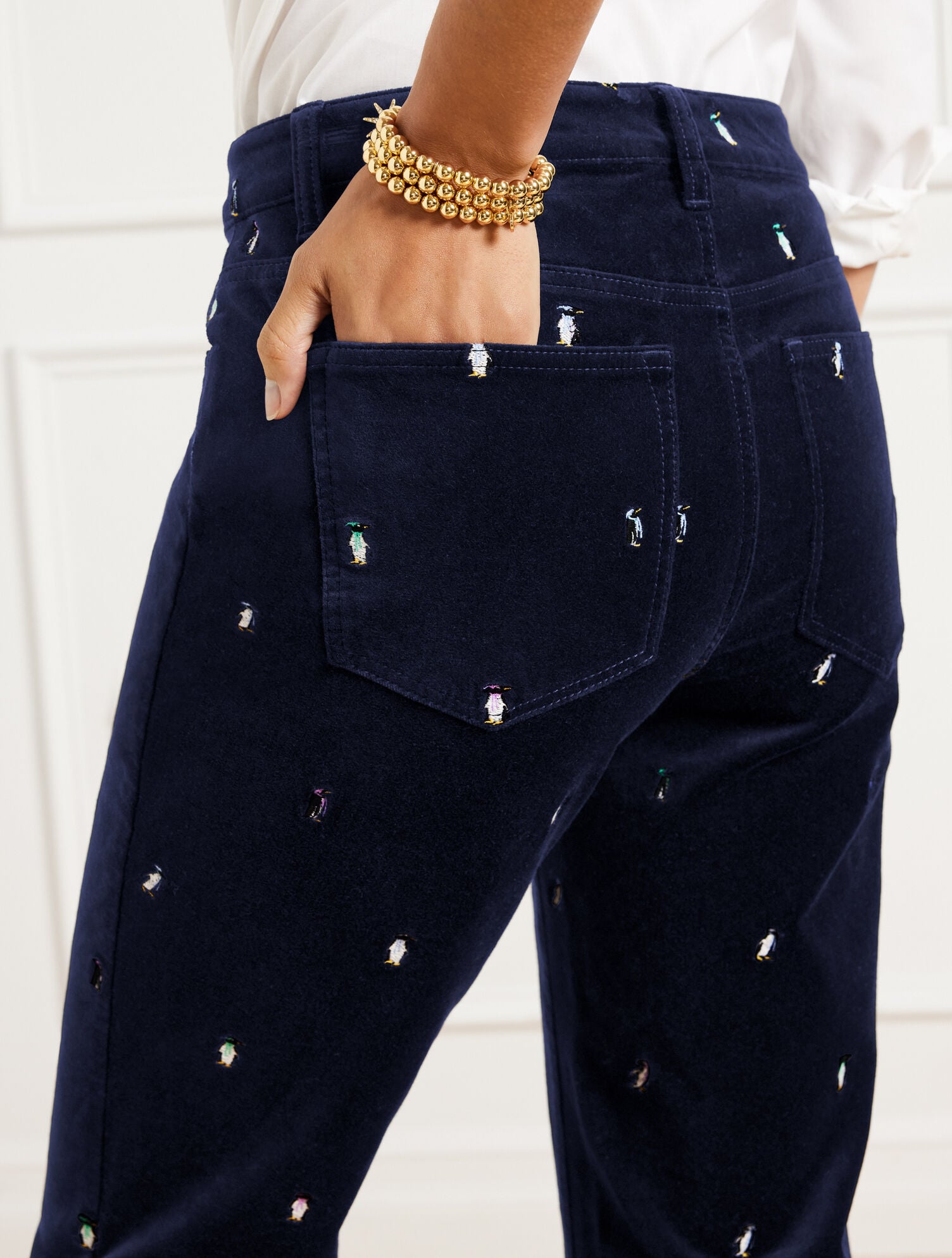 Velveteen Straight Leg Pants - Embroidered Penguins