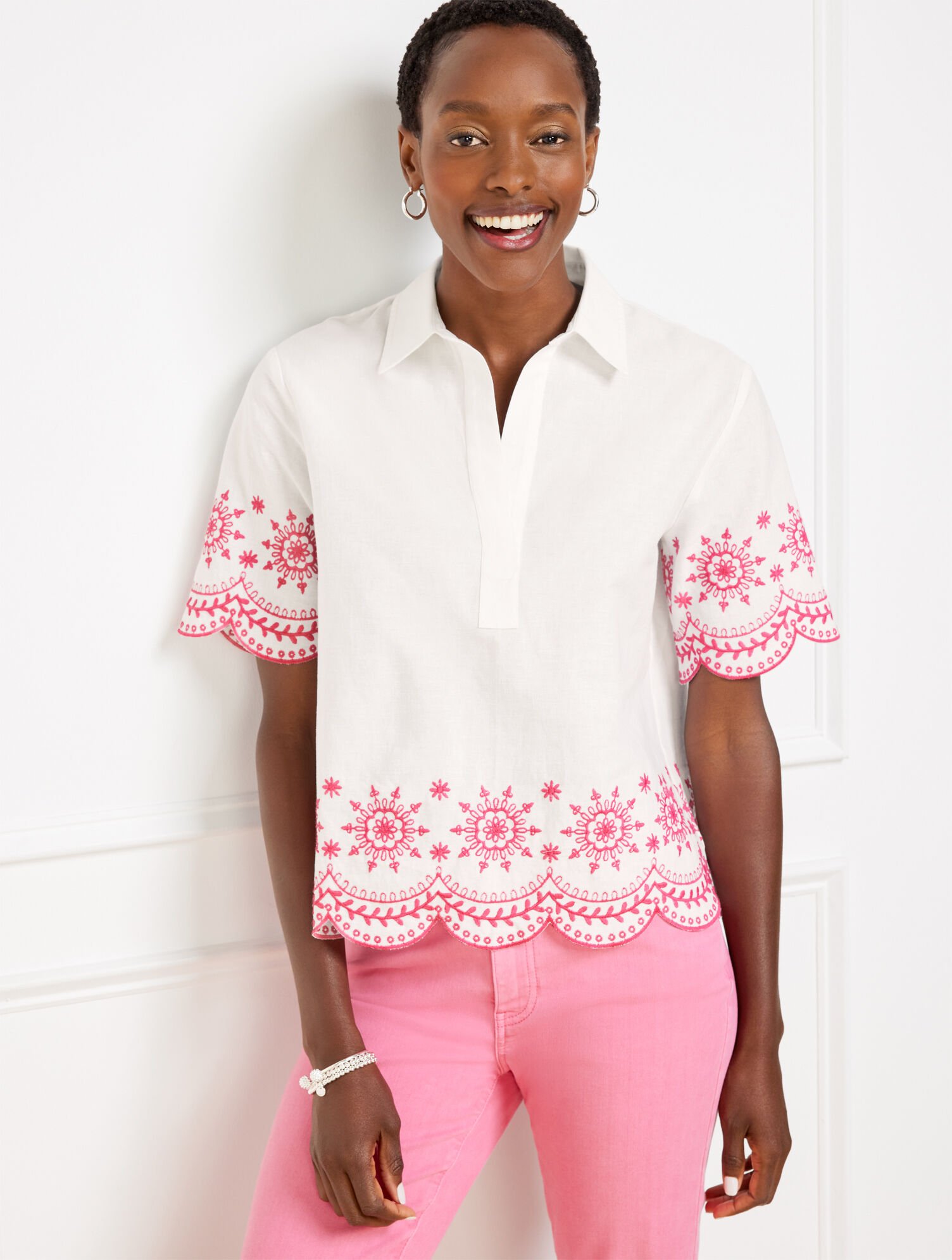 Embroidered Linen Cotton Short Shirt Scallop Medallion Talbots