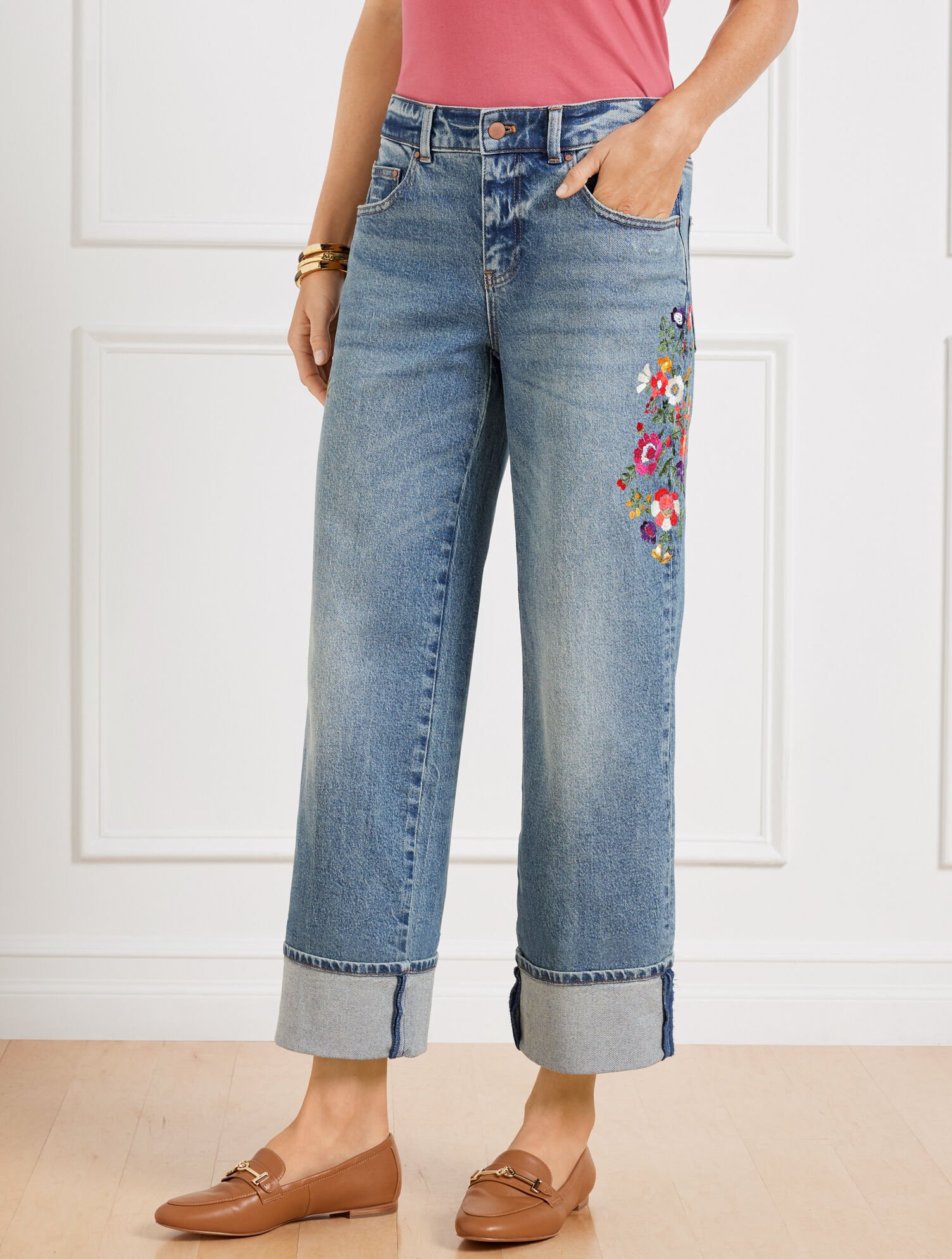 Embroidered Wide Straight Ankle Cuff Jeans Sloane Wash Talbots