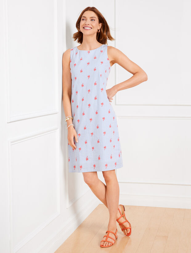 Seersucker Tie Back Shift Dress - Embroidered Palm