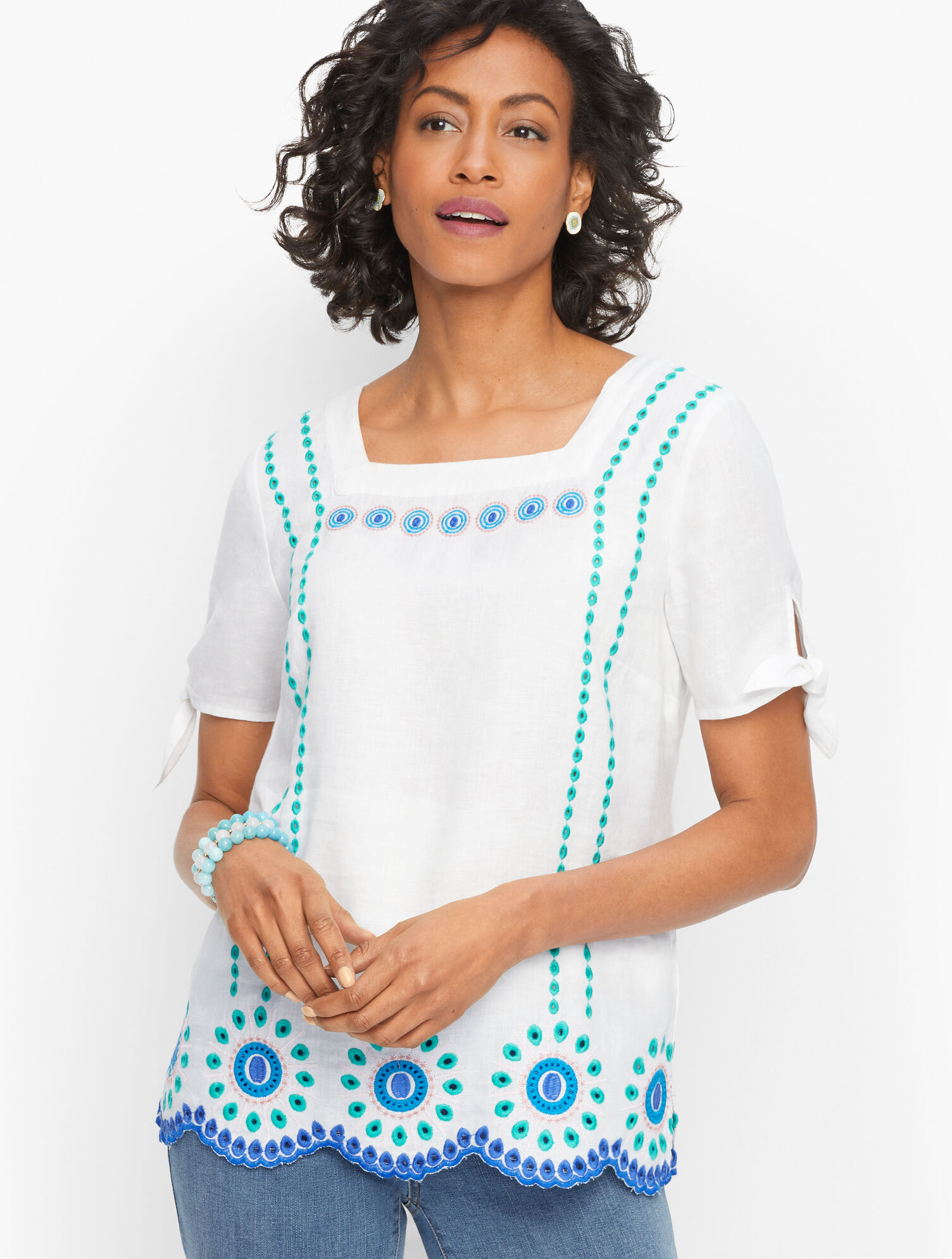 Linen Embroidered Square Neck Top | Talbots