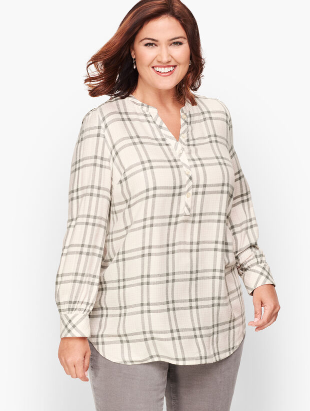 Banded Collar Popover - Ivory Plaid 