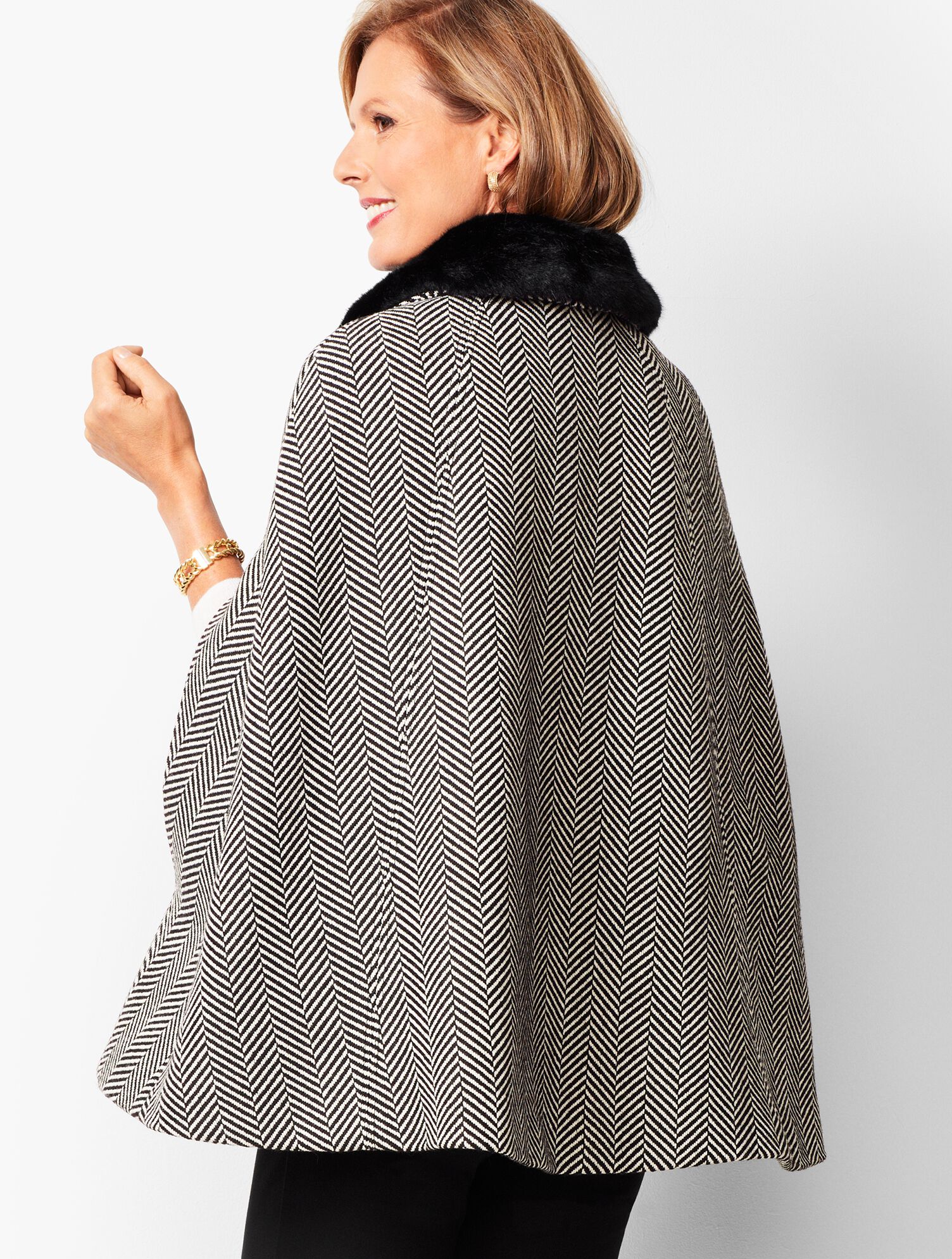 Faux-Fur Collar Herringbone Cape