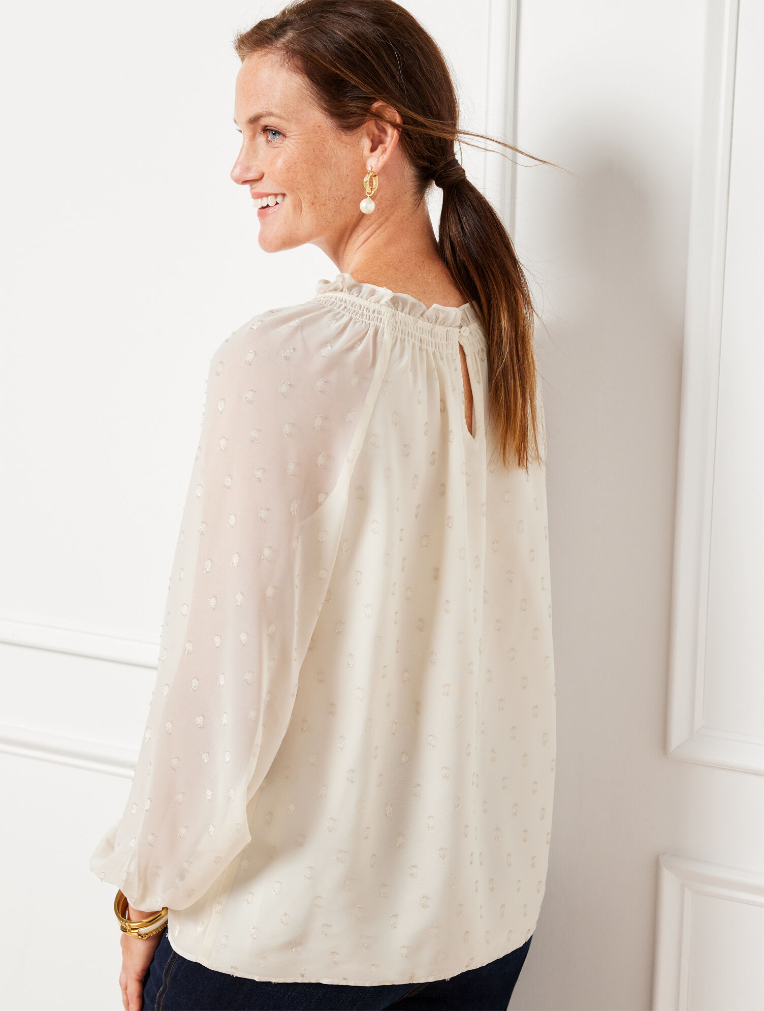 Smocked Blouse - Metallic Clip Dot