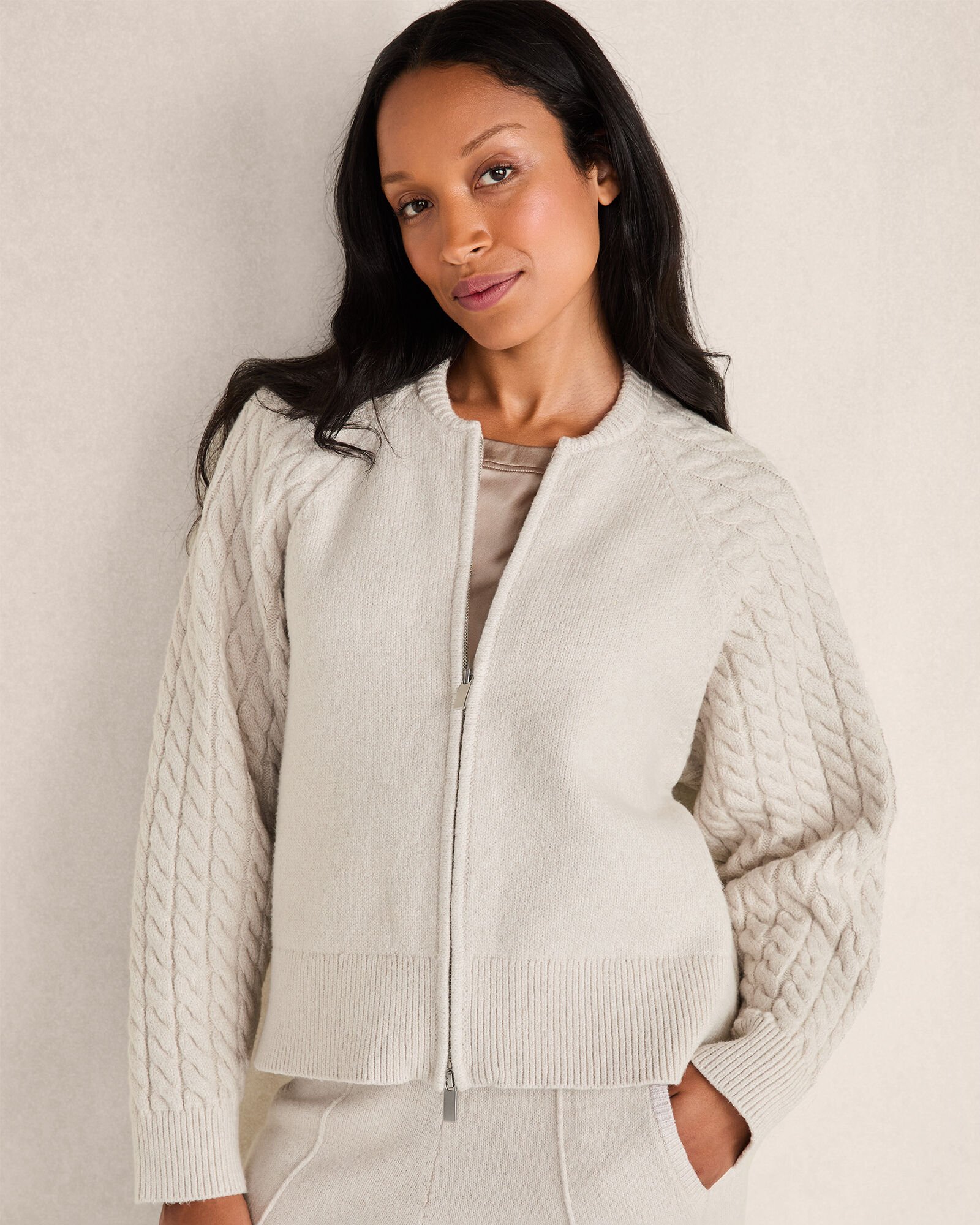 Organic Cotton Cable-Sleeve Zip-Up Cardigan Haven Well Within
