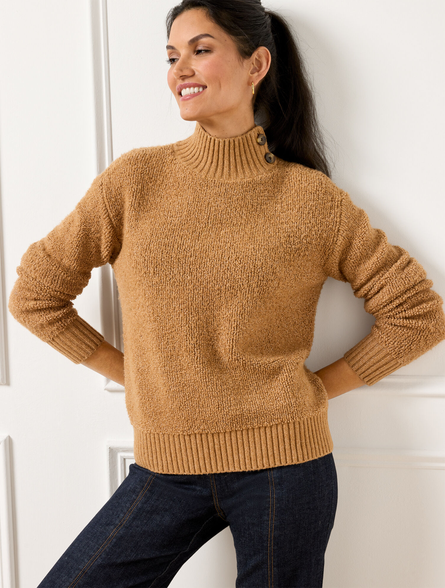 Loop Stitch Button Mockneck Sweater | Talbots
