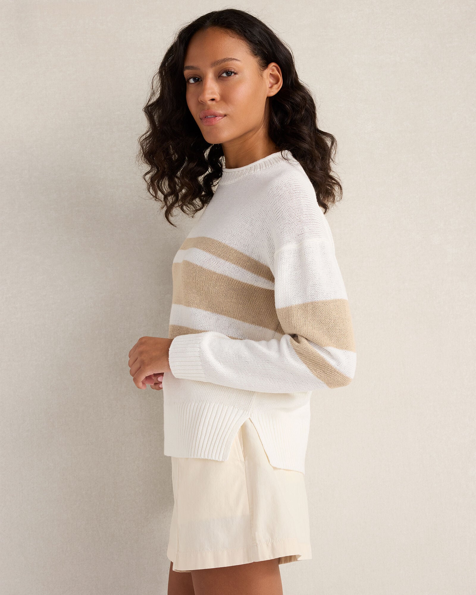 Cotton Linen Stripe Roll Neck Sweater