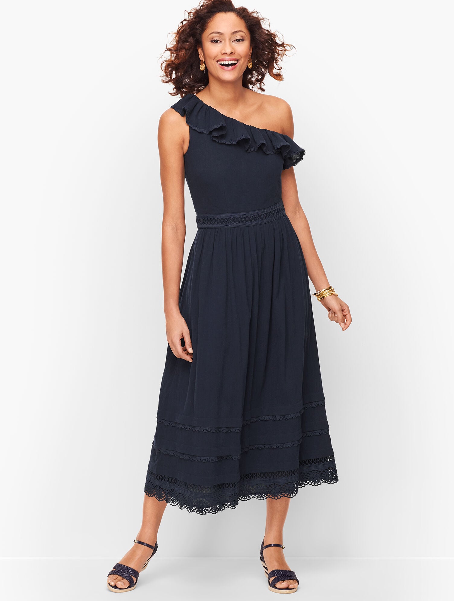 One Shoulder Ruffle Midi Dress