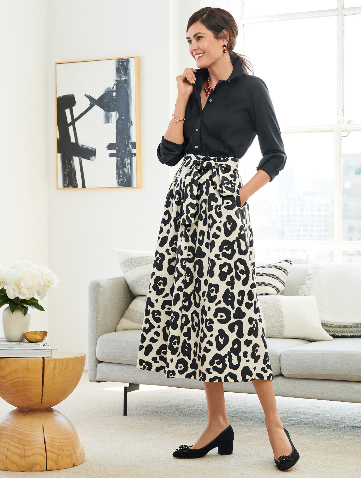 Pleated Tie Waist Leopard Skirt