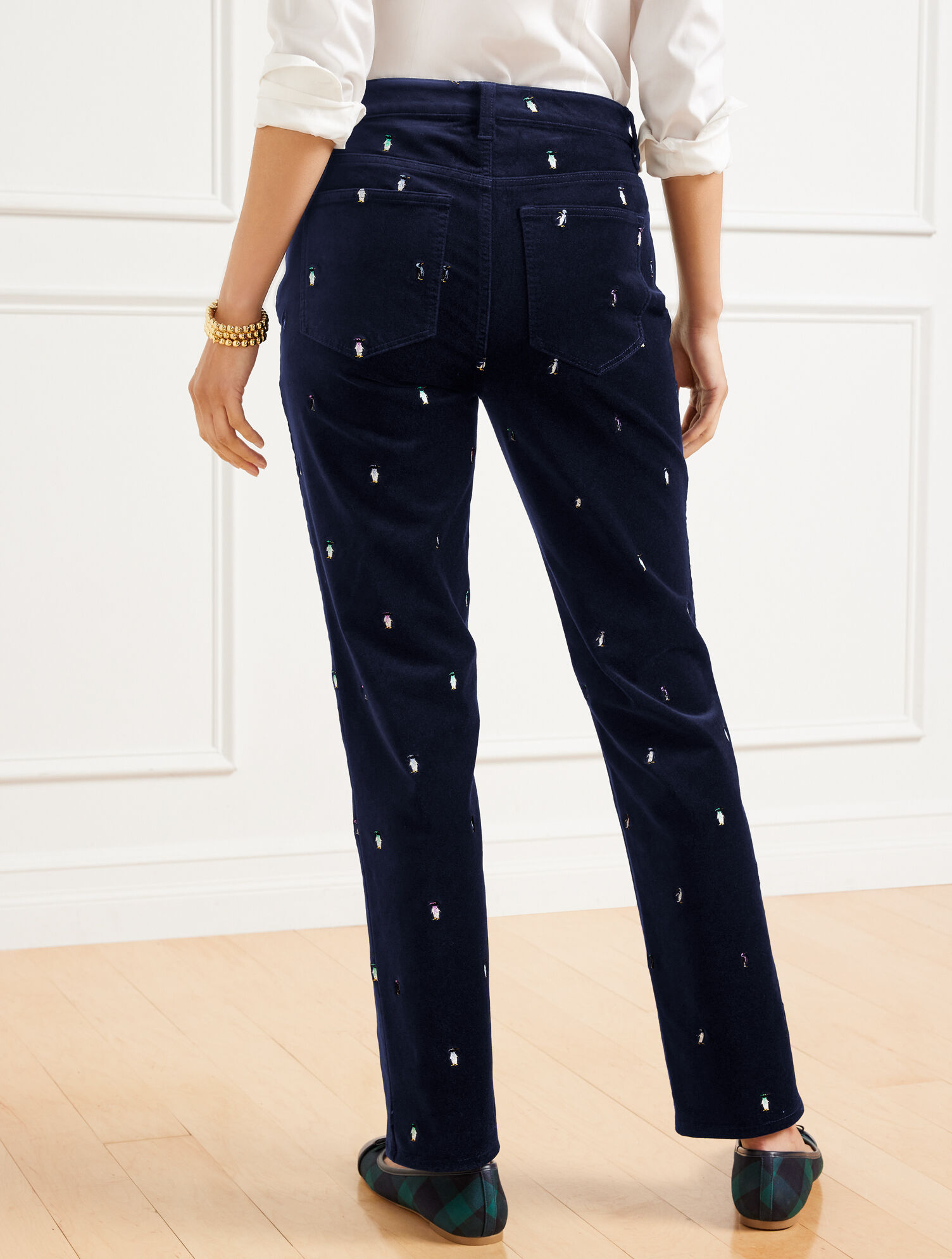 Velveteen Straight Leg Pants - Embroidered Penguins