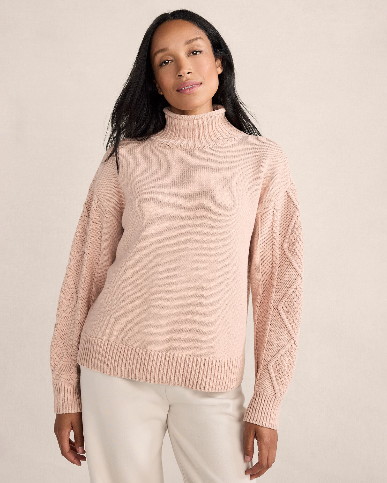 Cotton Cable-Sleeve Rollneck Sweater