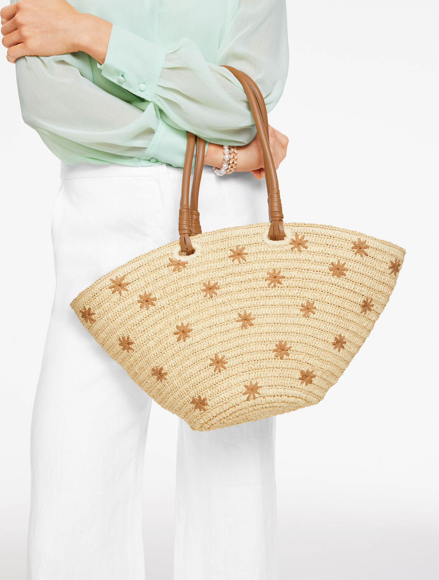 Embroidered Flare Straw Tote