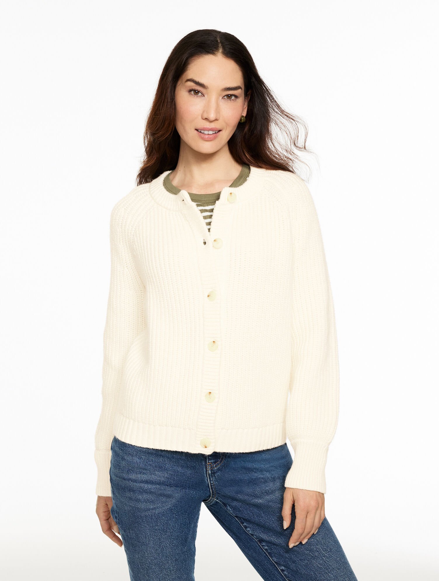 Shaker Stitch Crewneck Cardigan 