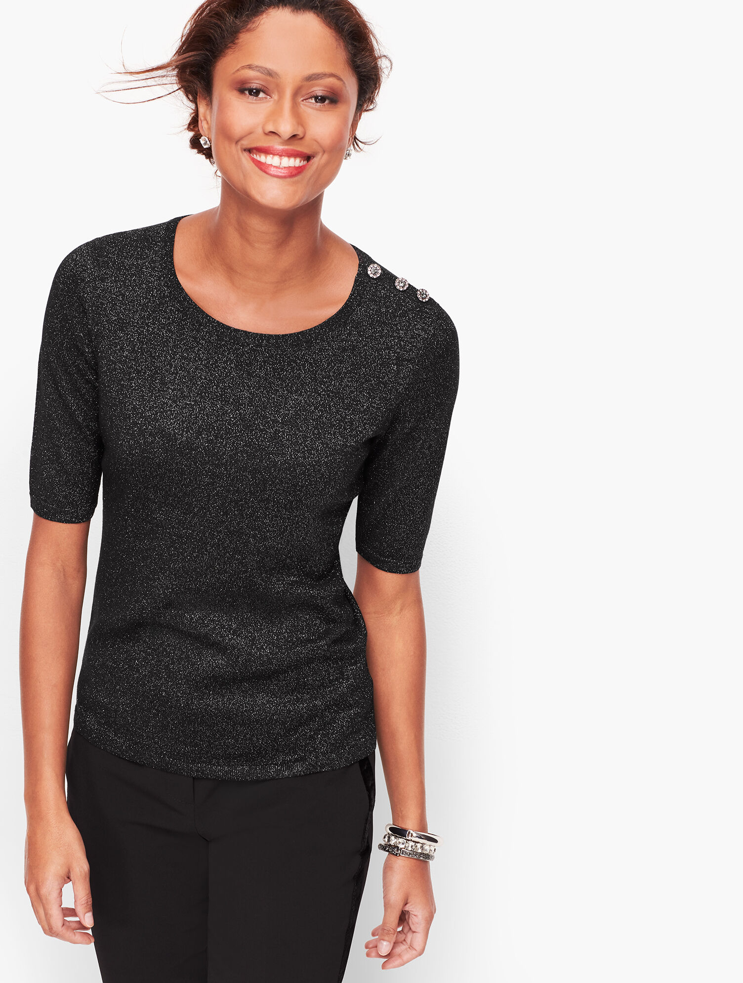 Diamante Button Shoulder Shimmer Sweater