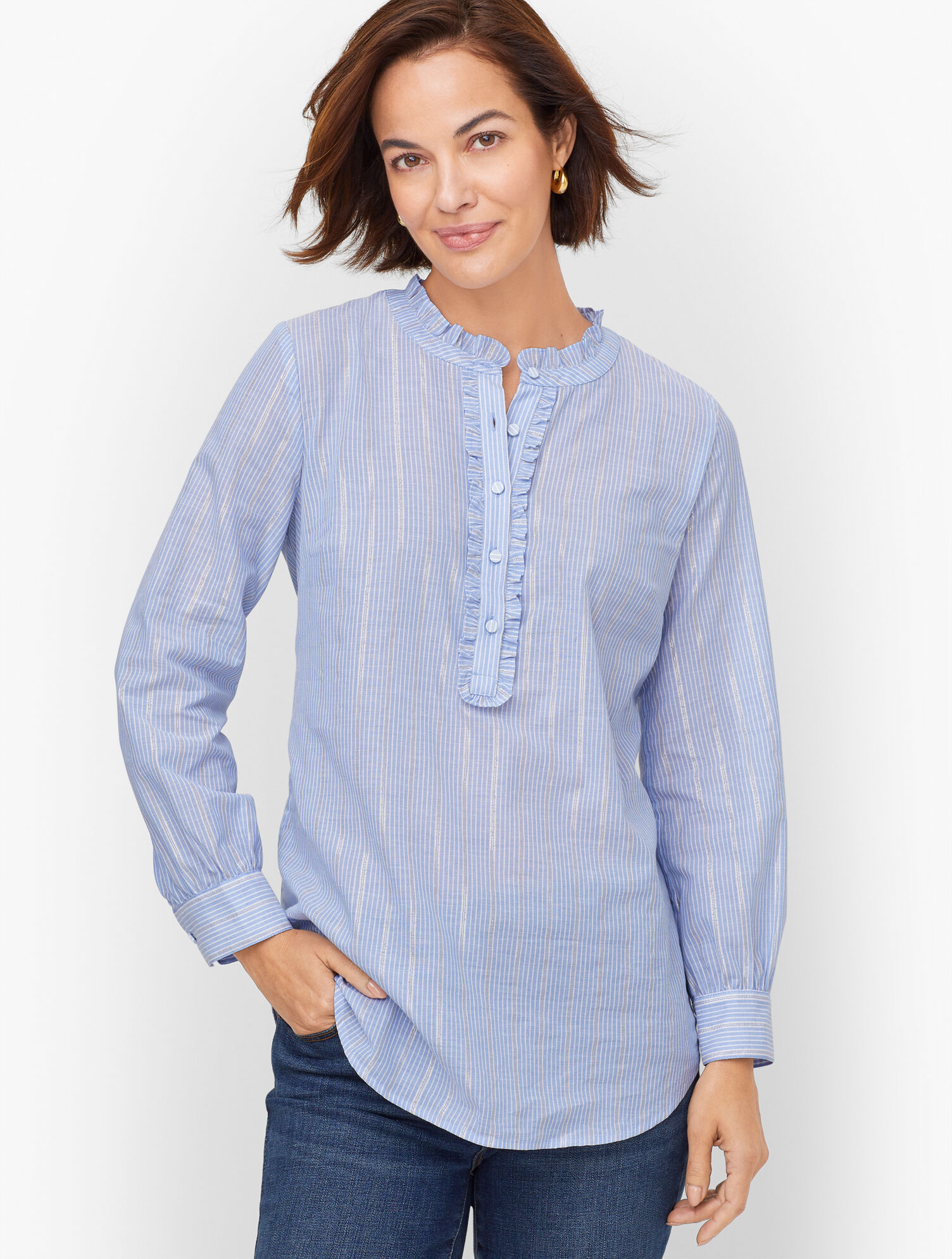 Talbots Blue Ruffled Tees Forest Stripe Ruffle Popover | Talbots