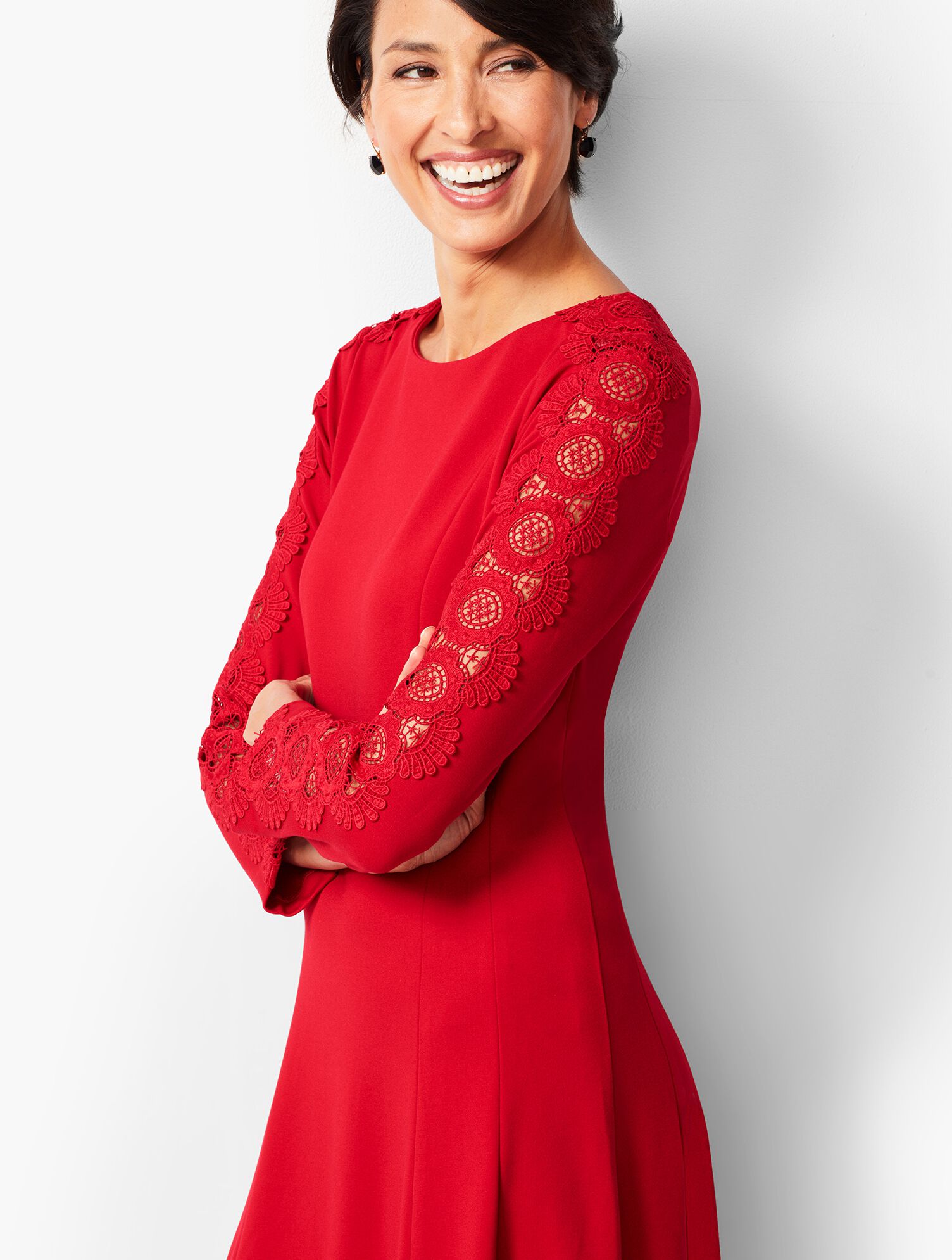 Lace Sleeve Ponte Fit &amp; Flare Dress