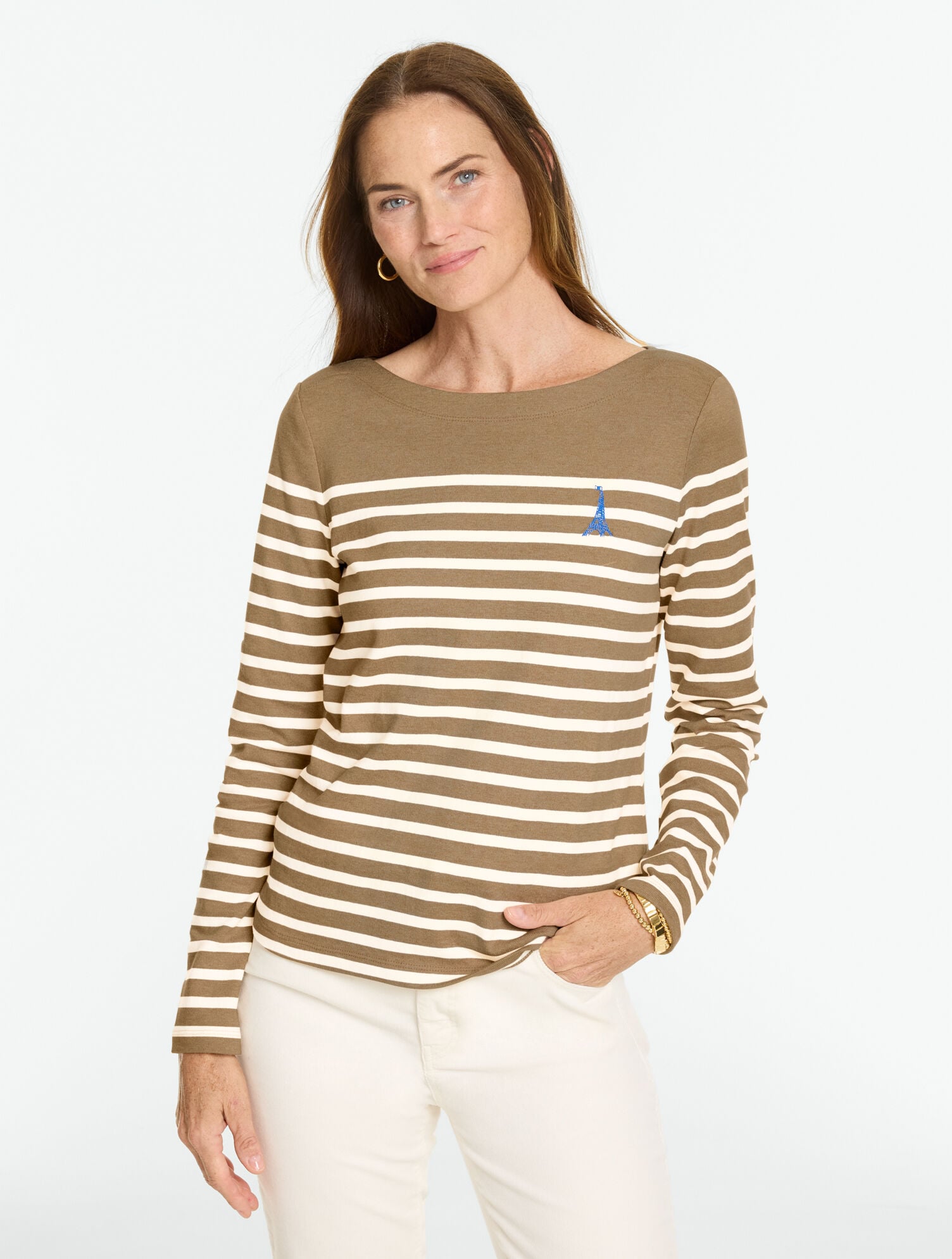 Embroidered Bateau Neck Tee - Paris Stripe